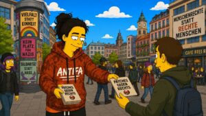 Cartoon, Frau verteilt Flyer, Patches gegen Rechts, Antifa