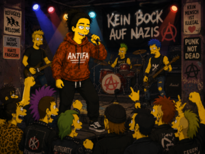 Gelber Cartoon-Charakter auf der Bühne als Punk-Sängerin