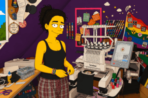 Cartoon Darstellung der Shop-Betreiberin von Patches gegen Rechts