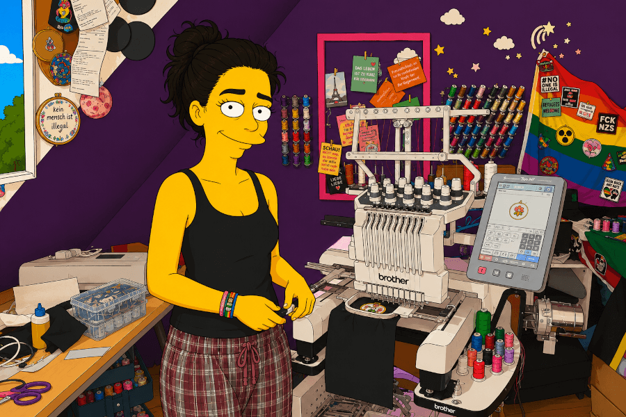 Cartoon Darstellung der Shop-Betreiberin von Patches gegen Rechts